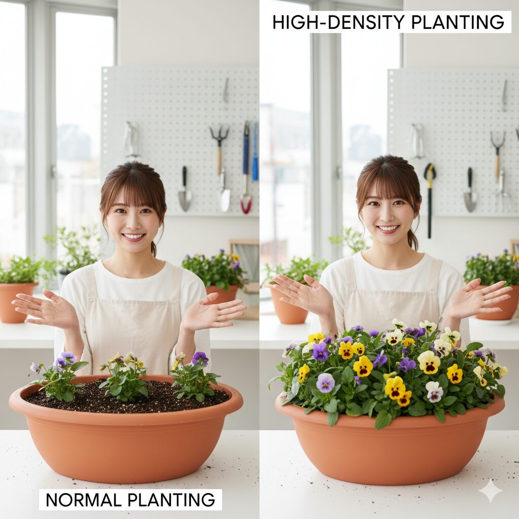 通常の寄せ植えの株間とぎゅうぎゅう植え（密植）の株間の違いを比較したイラスト