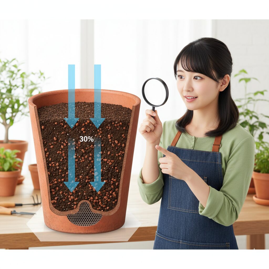 鉢底石を使わず赤玉土を混ぜて排水性を高めた密植専用の土壌断面図解