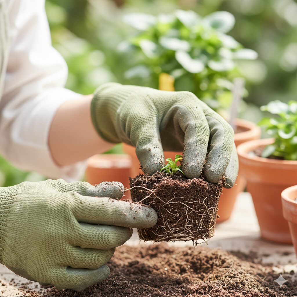 ビオラの根鉢の底根をちぎり、肩の土を落として植え付け準備をしている手元の様子