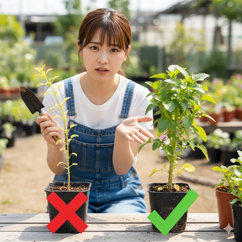 徒長してひょろひょろした悪い苗と、葉色が濃くがっしりした良い苗の比較イラスト