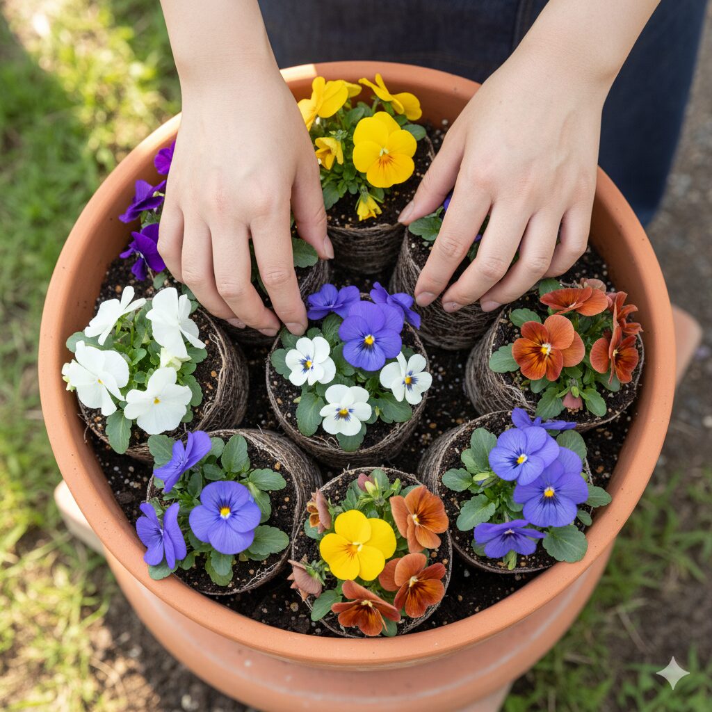 丸い鉢に対して隙間なくパズルのようにビオラの苗を配置した真上からの配置図