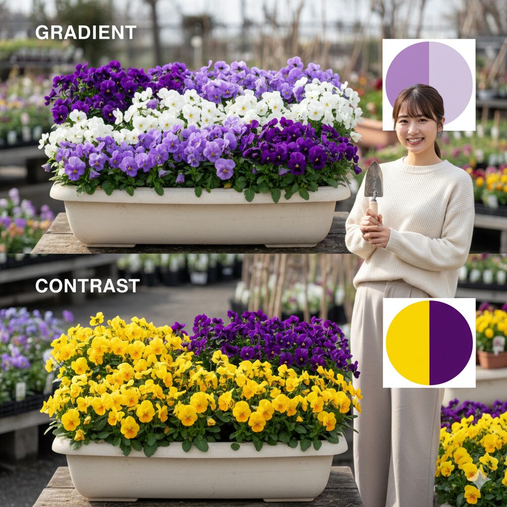 ビオラの同系色グラデーション植えと反対色コントラスト植えの配色パターン見本