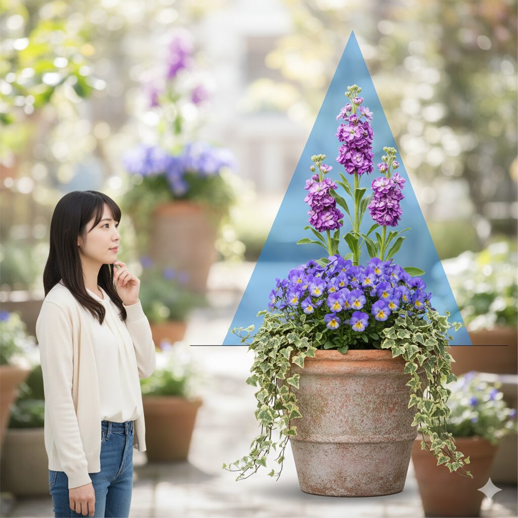 後方の背高い植物、中央のビオラ、手前の垂れ下がる植物で構成する高低差の三角形配置図