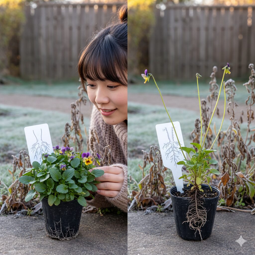 ビオラの適切な植え付け時期を示す比較図(秋植えで根張り良くコンパクトな株と、春植えで徒長した株)