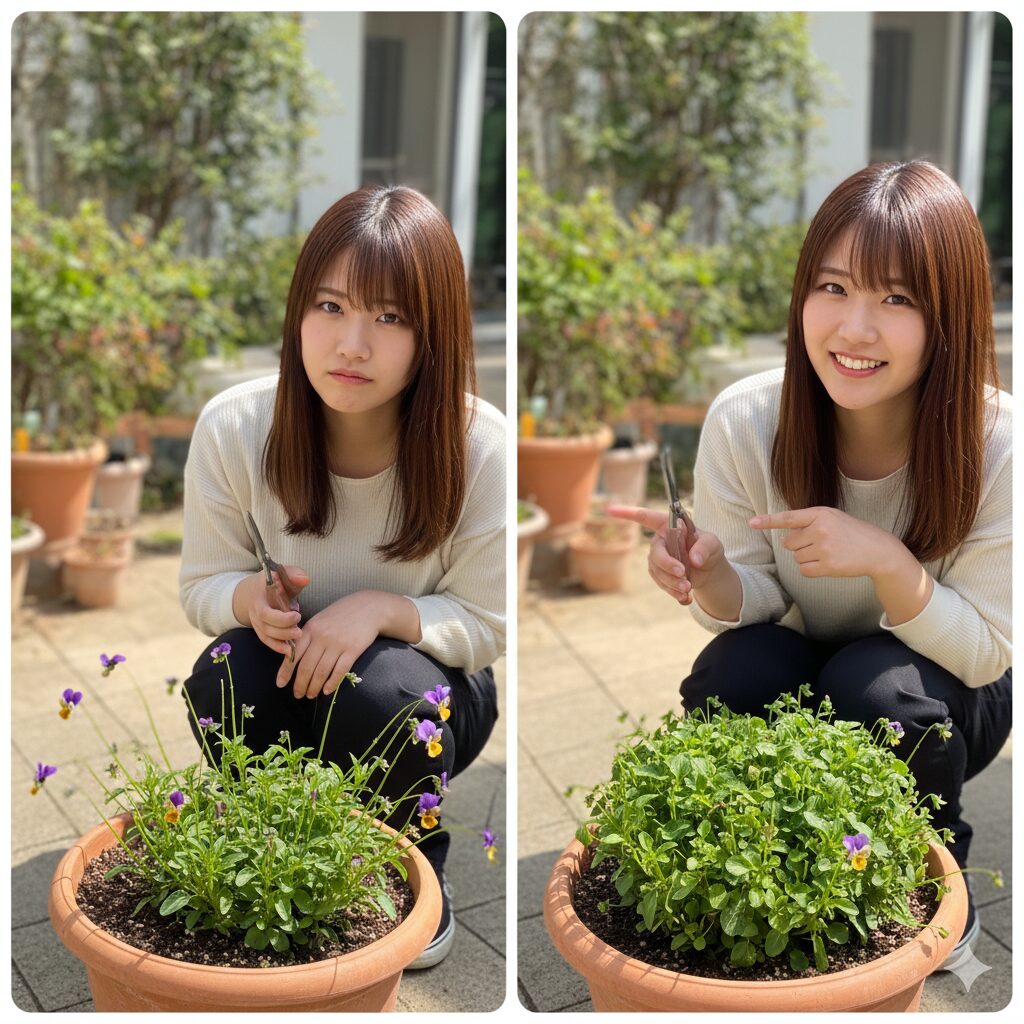 長期間の開花量を増やすためのビオラの摘心と切り戻しの方法を解説した図