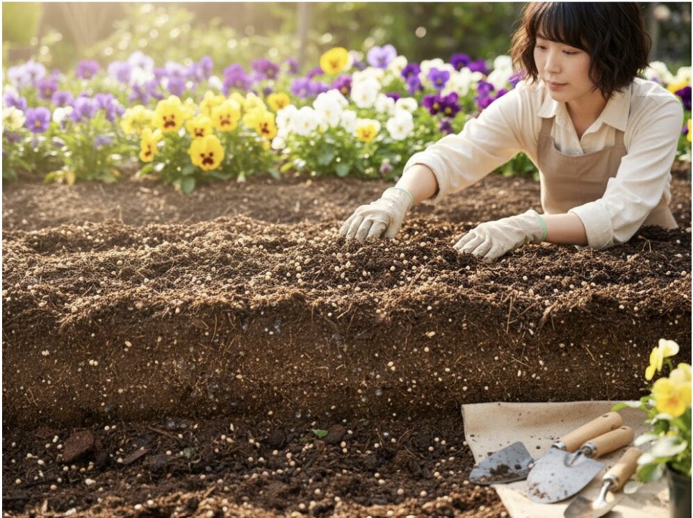 ビオラの花壇に最適な水はけと保肥力を両立した土壌の断面図(腐葉土と元肥を混ぜた団粒構造)