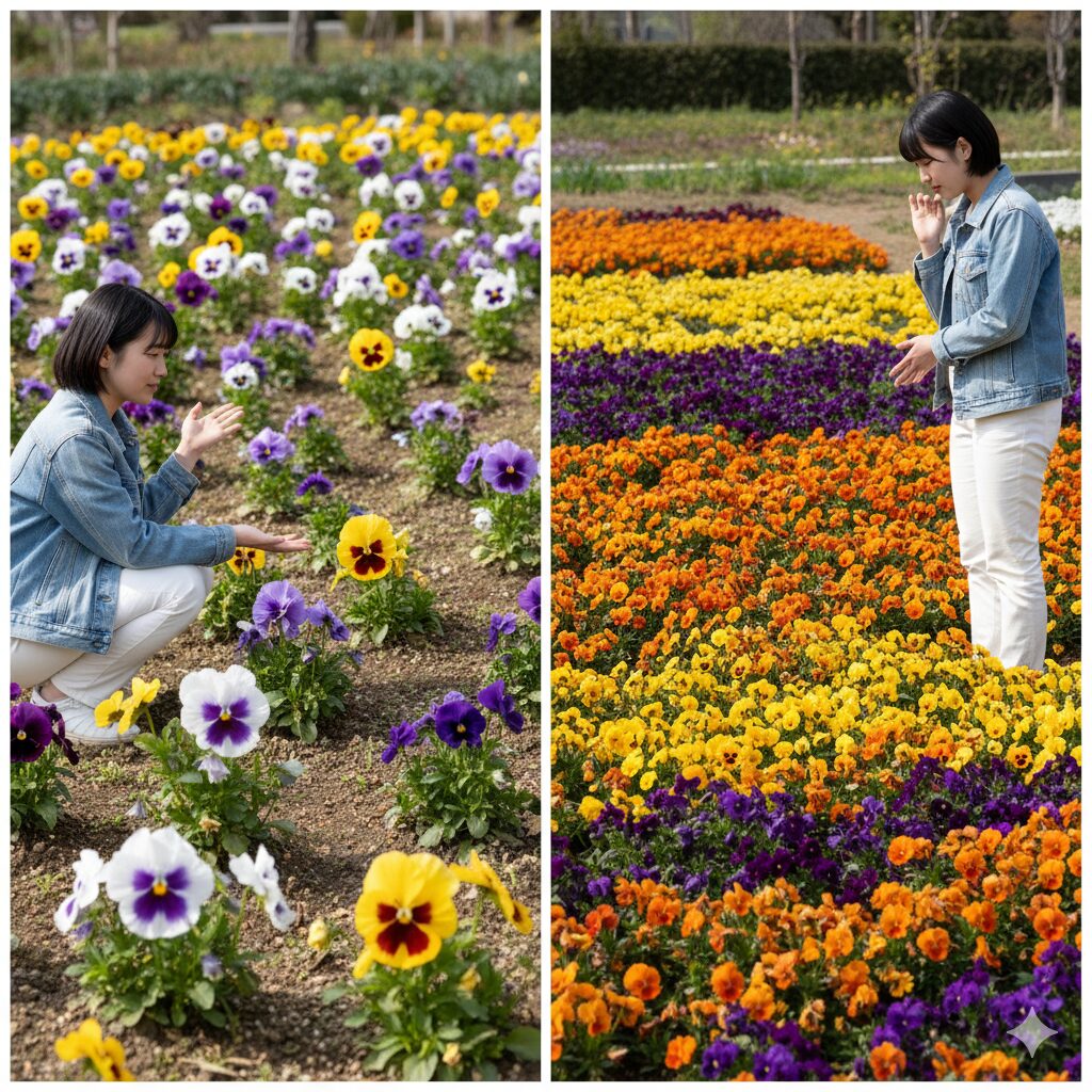 パンジー(点)とビオラ(面)の役割を比較した花壇の配置例