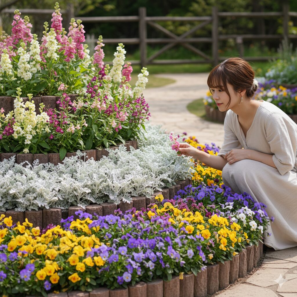 立体感を強調するビオラ花壇の三層構造デザイン(低層・中層・高層の植物配置)