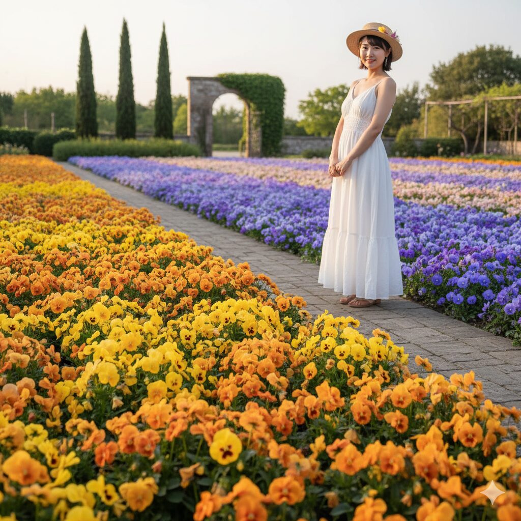 遠近法を応用した花壇の奥行き操作図(進出色を前に、後退色を奥に配置)