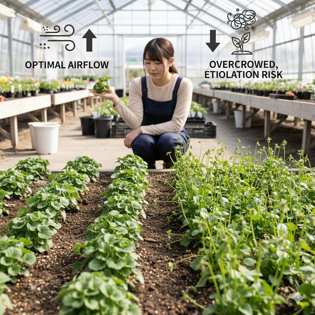 ビオラの過密植えと適切な株間(15cm〜20cm)を比較した図