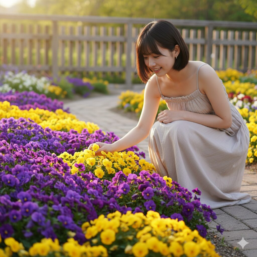 紫のビオラと黄色のビオラを使った補色による色の組み合わせ例(アクセントカラー)