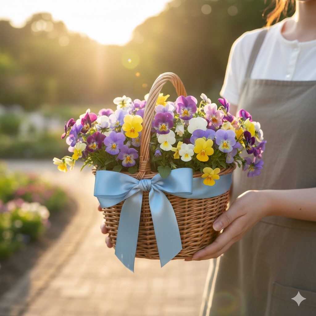 大切な人へのプレゼントとしてリボンでラッピングされたビオラのギフトバスケット