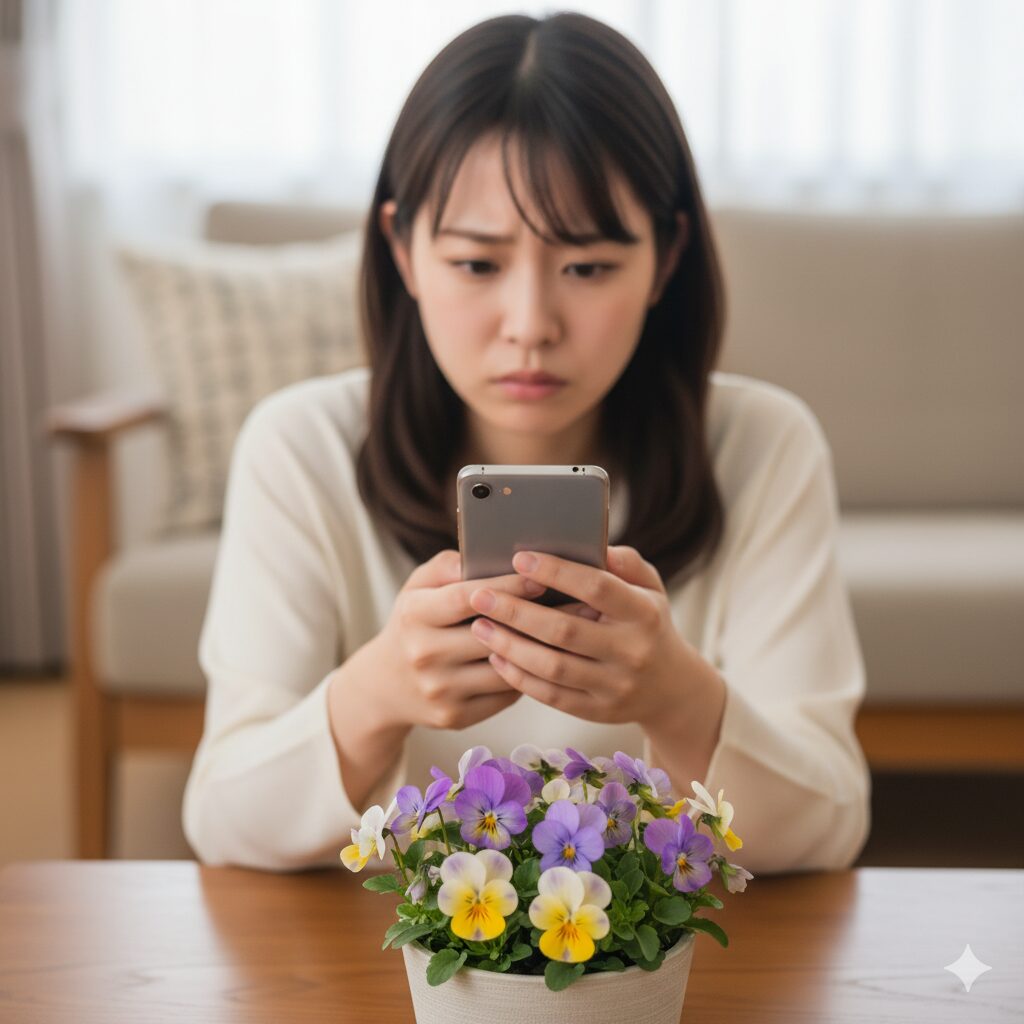 スマートフォンでビオラの花言葉を検索し「怖い」という検索結果を見て不安そうな女性