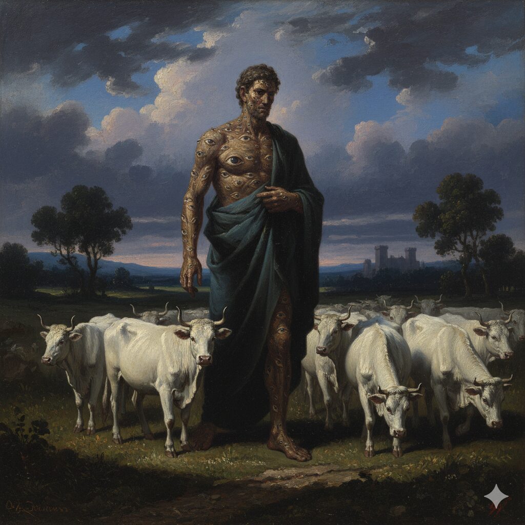 ギリシャ神話で牛に変えられたイオを監視する百の目を持つ巨人アルゴスのイメージ画