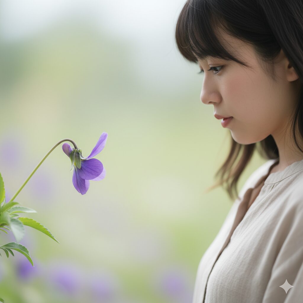 「もの思い」の花言葉の由来となったうつむき加減に咲くビオラの横顔の接写