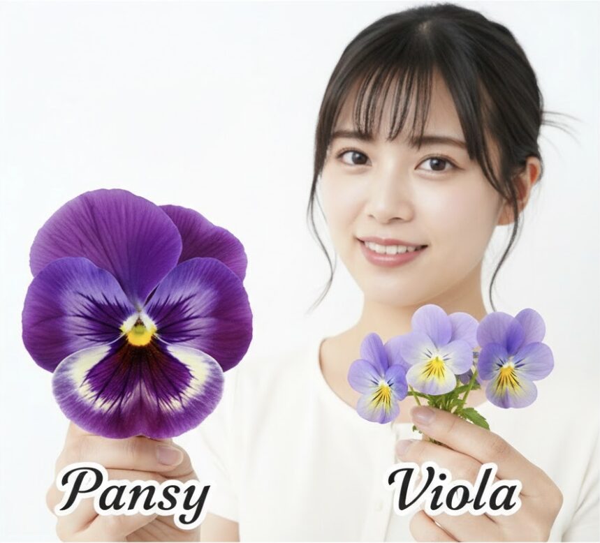 大輪のパンジーと小輪のビオラの花の大きさと特徴を比較した写真