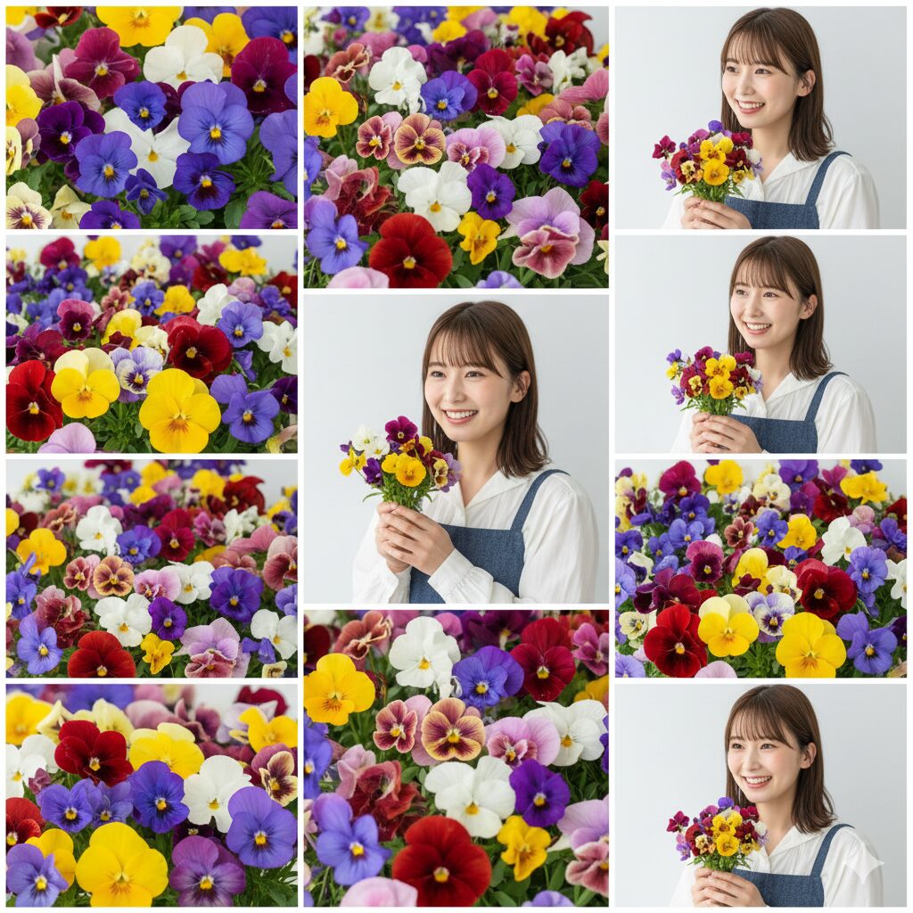 紫、青、黄、白、赤、ピンクなど多彩な色別ビオラのフラワーアレンジメント