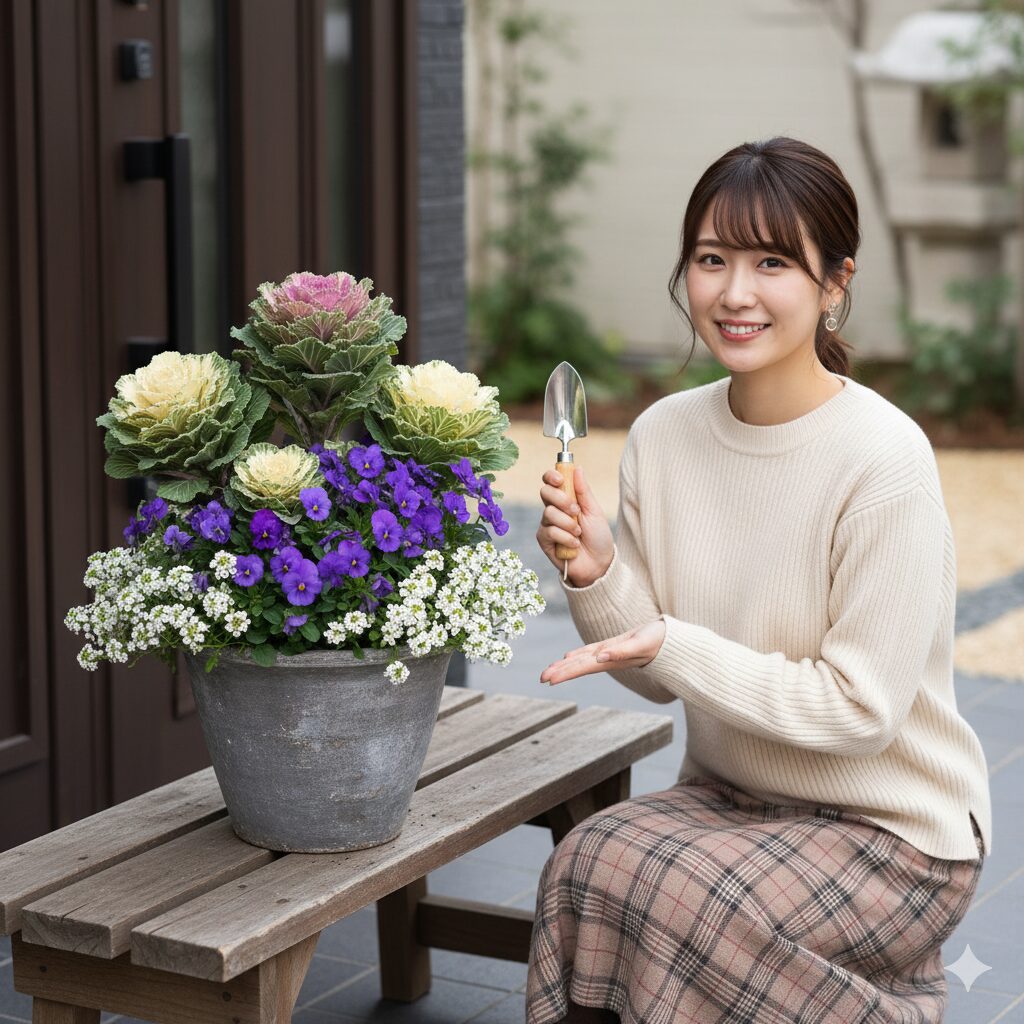 ビオラとアリッサムと葉牡丹を組み合わせたおしゃれな冬の寄せ植え