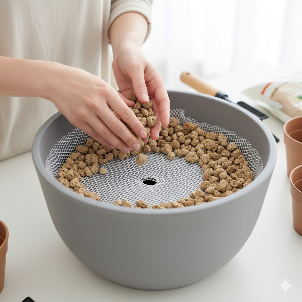 プランターの通気性と排水性を良くするために鉢底石を入れる準備