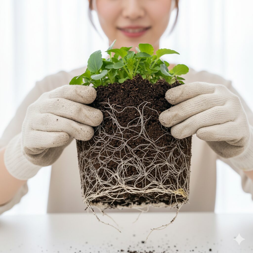 ビオラの植え付け時に根詰まりした根鉢の底を優しくほぐす手順