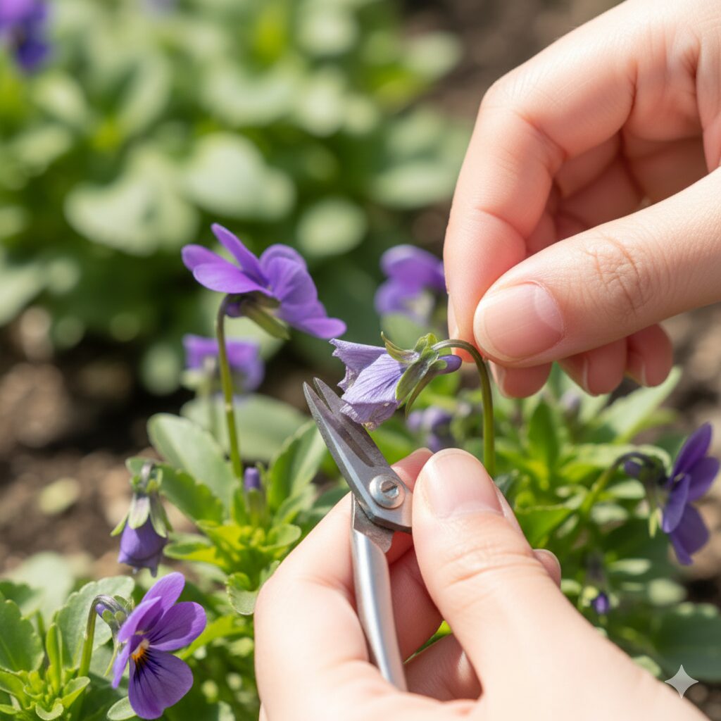 種ができるのを防ぐためにビオラの花茎の付け根から花がらを摘む方法