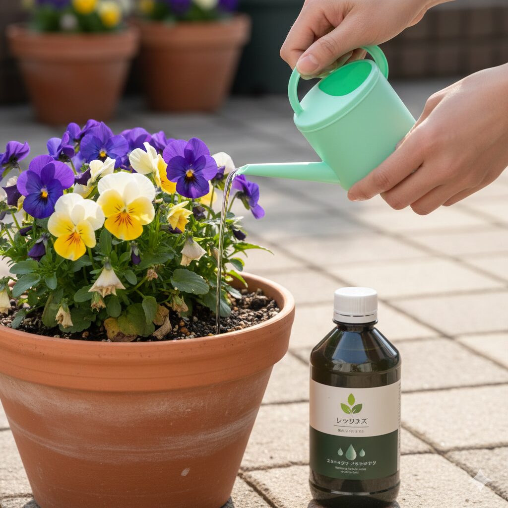 フィオリーナ 冬越し　寒さで弱ったフィオリーナの株に、回復を助けるための植物用活力剤を希釈して与えている様子。