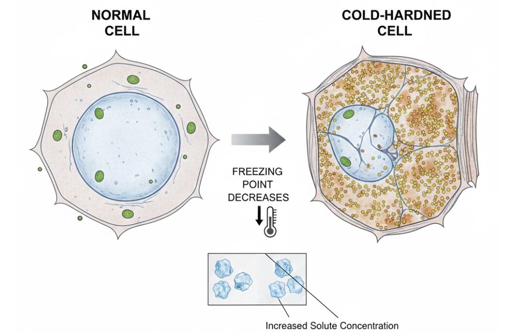 フィオリーナ 冬越し　植物が寒さに耐えるために細胞内に糖分などを蓄積し、凍結を防ぐ「ハードニング（耐寒性獲得）」のメカニズムを示す細胞の図解。