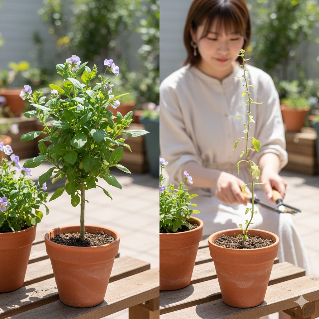 フィオリーナ 冬越し　日当たりの良し悪しによるフィオリーナの成長比較。左は健康な苗、右は日照不足で茎が伸びた徒長した苗。