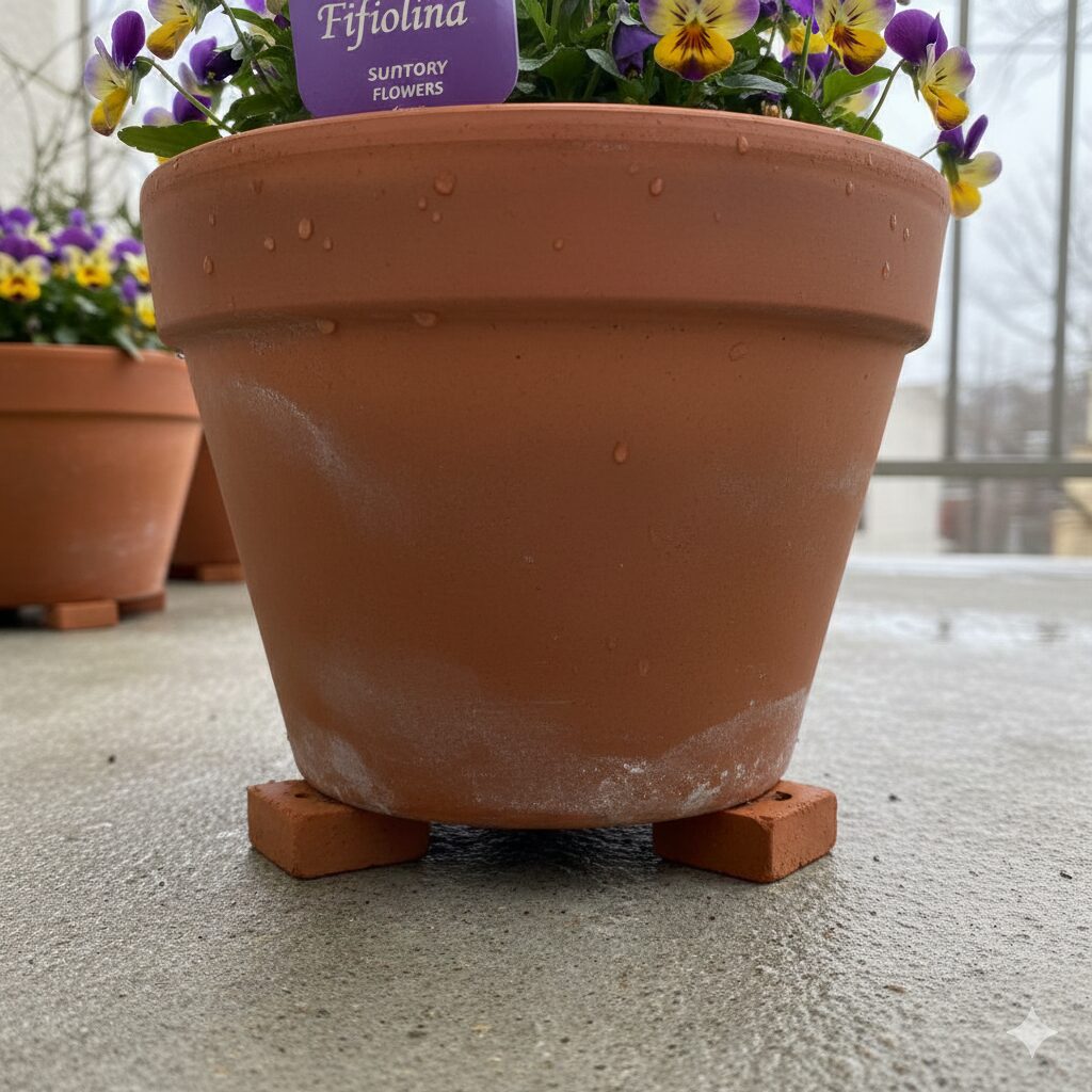 フィオリーナ 冬越し　冬の寒さ対策として、コンクリートの床と植木鉢の間にポットフィートを挟み、底冷えを防いでいる様子。