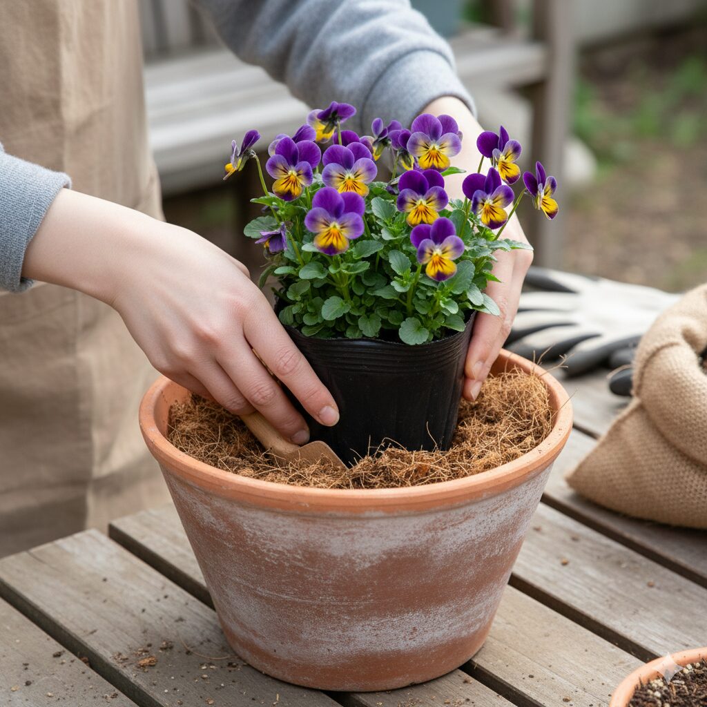 フィオリーナ 冬越し　冬の鉢植えの防寒対策「二重鉢（ダブルポット）」。鉢と鉢の隙間に腐葉土やヤシ繊維などの断熱材を詰めている作業の様子。