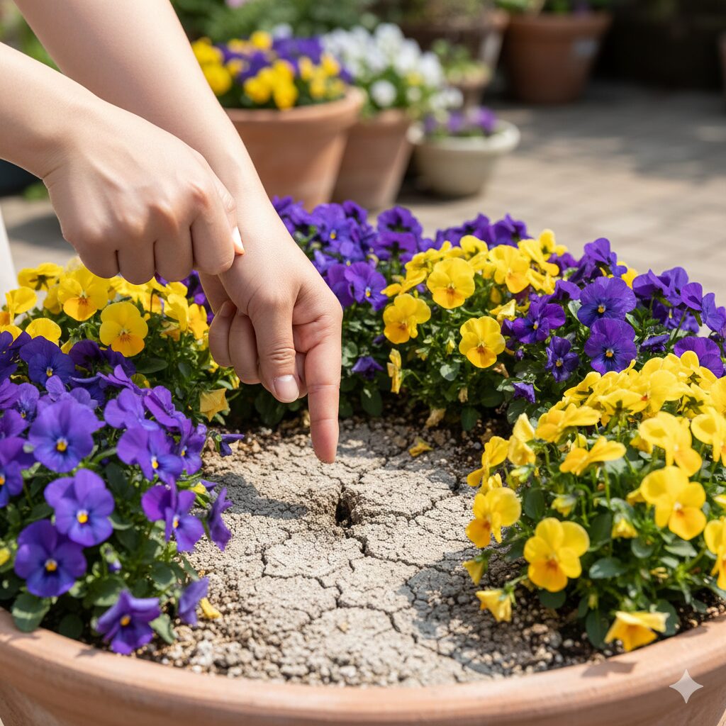 フィオリーナ 冬越し　フィオリーナの鉢土に指を差し込み、乾燥具合を確認している様子。土が白く乾いており水やりのタイミングであることを示している。