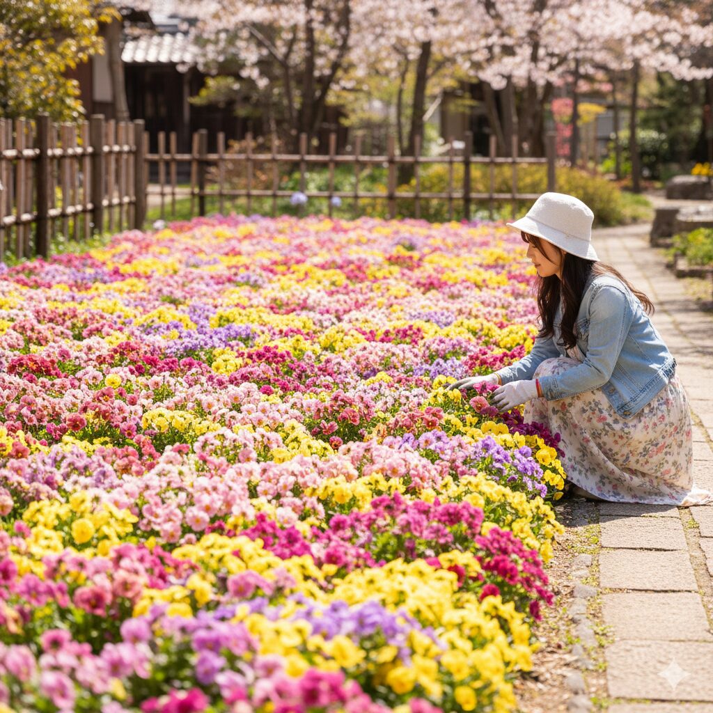 フィオリーナ 地植え　地植えで満開になったサントリーフラワーズのフィオリーナの花畑