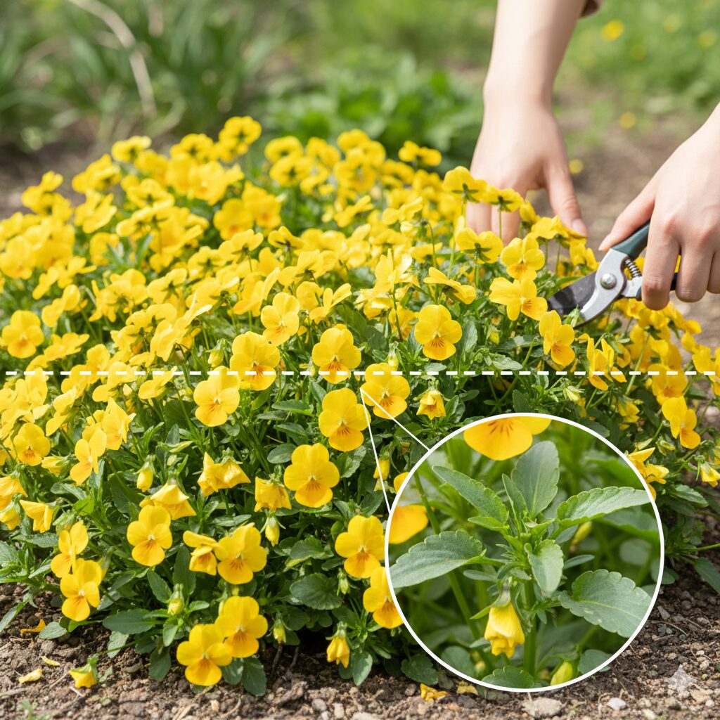 フィオリーナ 地植え　フィオリーナの切り戻し位置の目安と葉を残す剪定ポイントの解説図