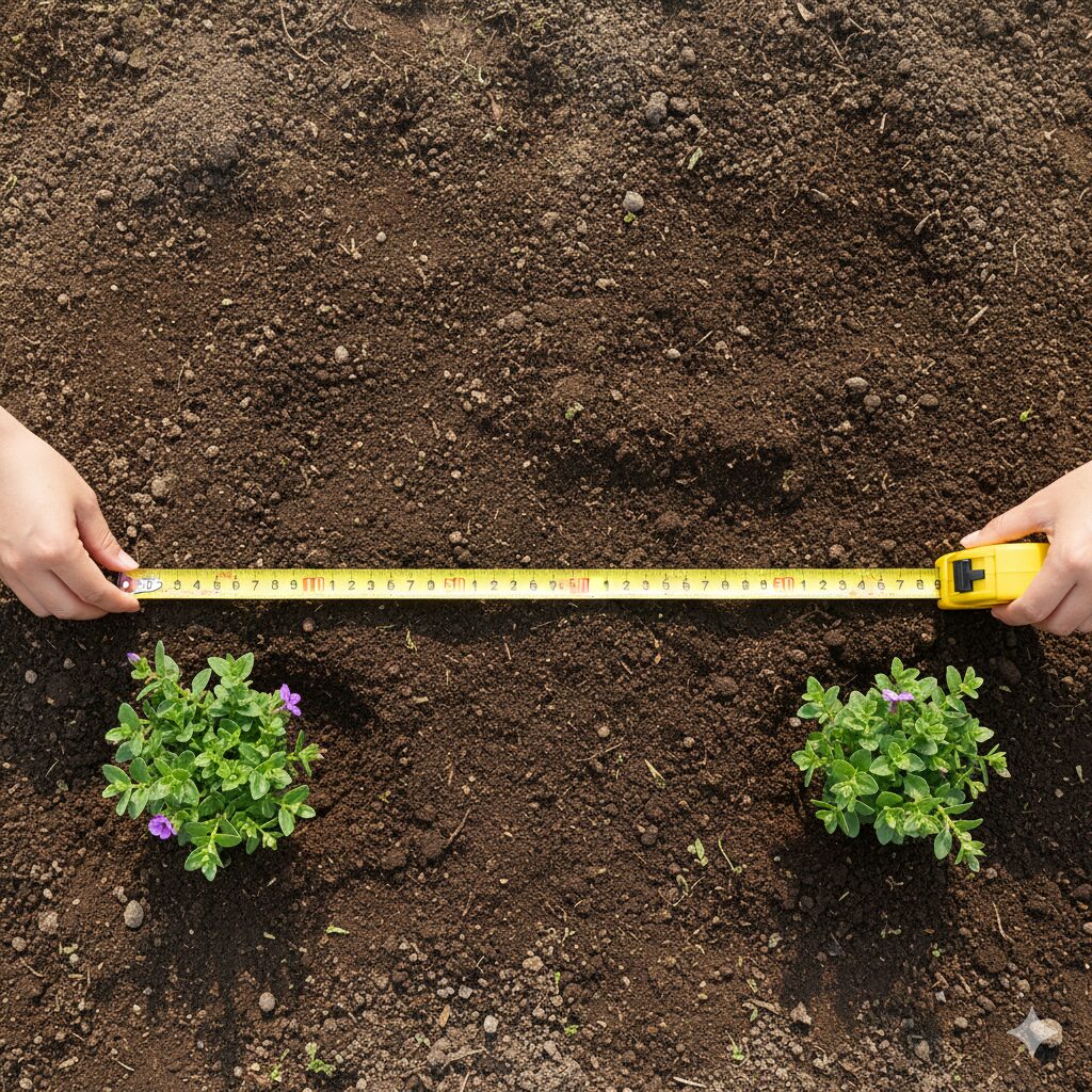 フィオリーナの地植えで推奨される株間50cmをメジャーで計測している様子