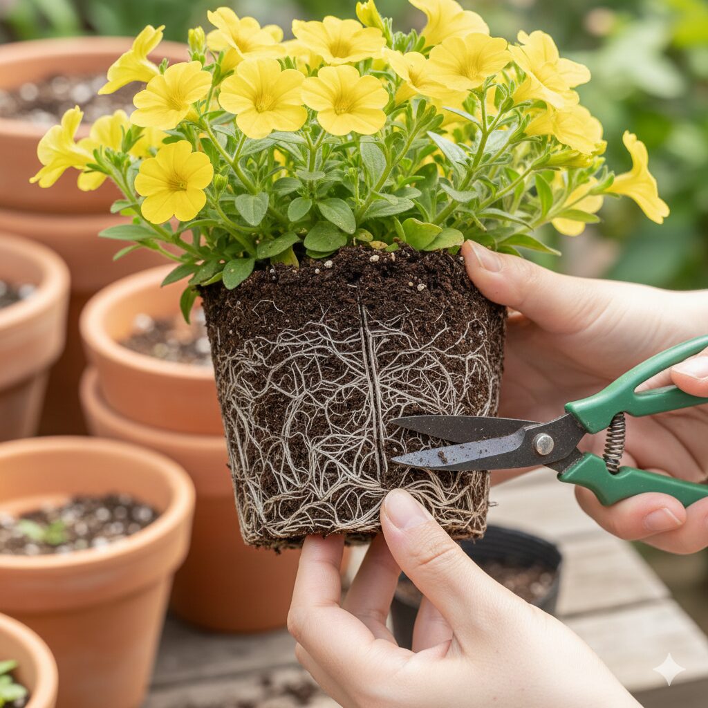 地植え前のフィオリーナの根鉢をほぐし十字に切り込みを入れる活着促進テクニック