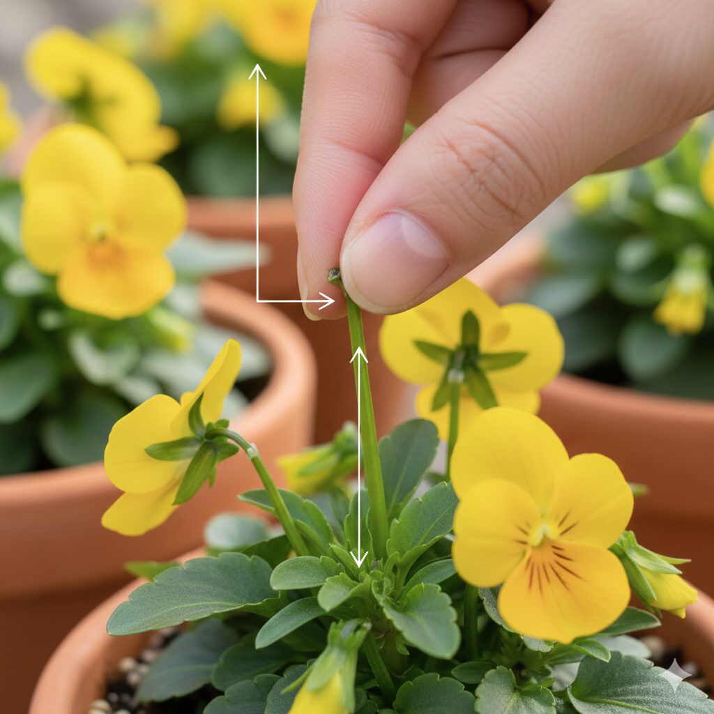 フィオリーナ 地植え　フィオリーナの分枝を促す正しい摘芯（ピンチ）の位置と方法の図解