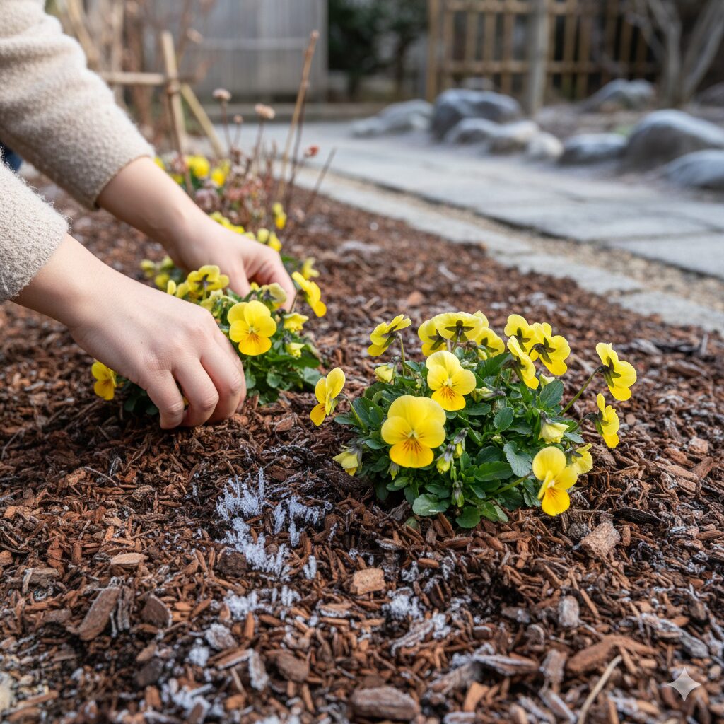 フィオリーナ 地植え　冬の霜柱対策としてフィオリーナの株元に施したマルチング（防寒）の様子