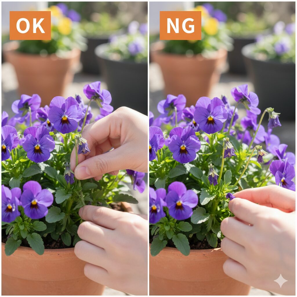 フィオリーナ 地植え　フィオリーナの花殻摘みのコツ・花茎の根元から摘み取る正しい方法