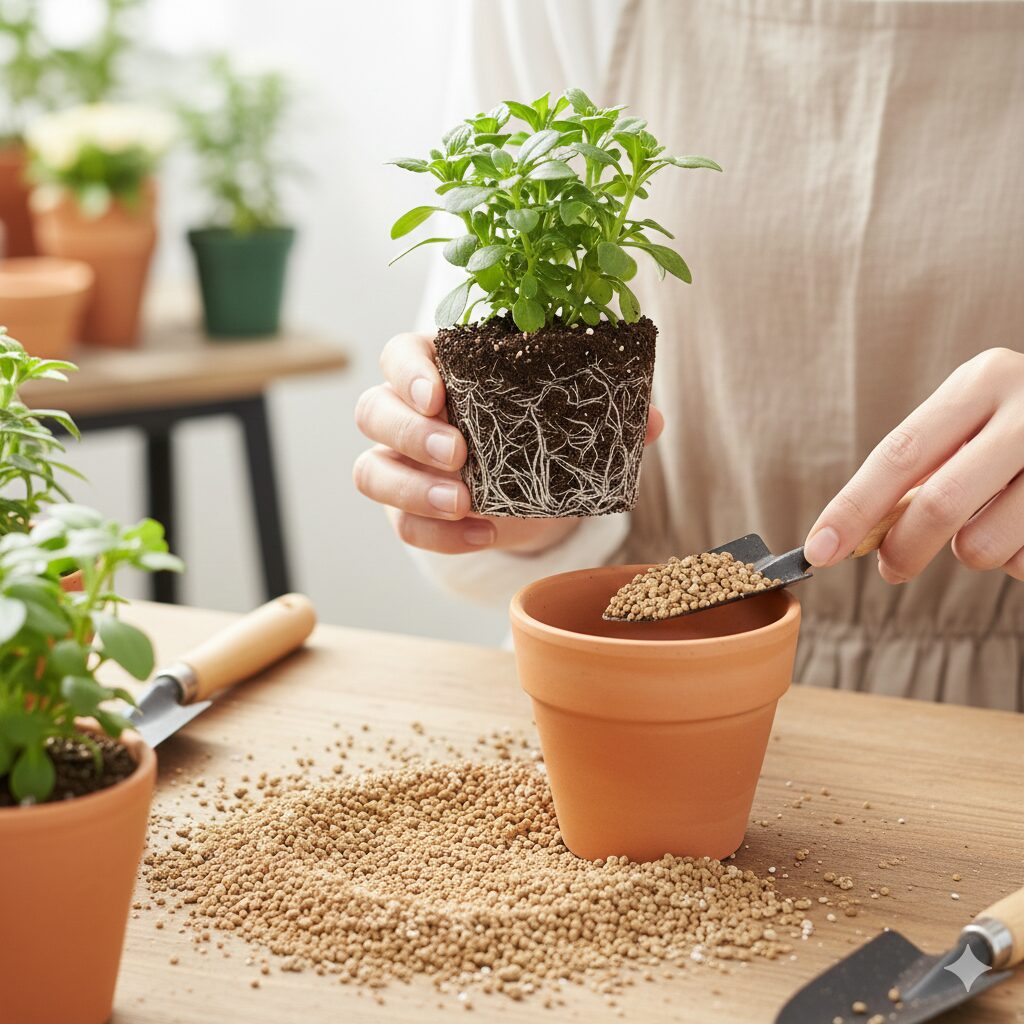 フィオリーナ 夏越し　発根したフィオリーナの挿し芽苗。白い根がしっかりと回った健康な状態と、夏越し用の用土への鉢上げ作業。