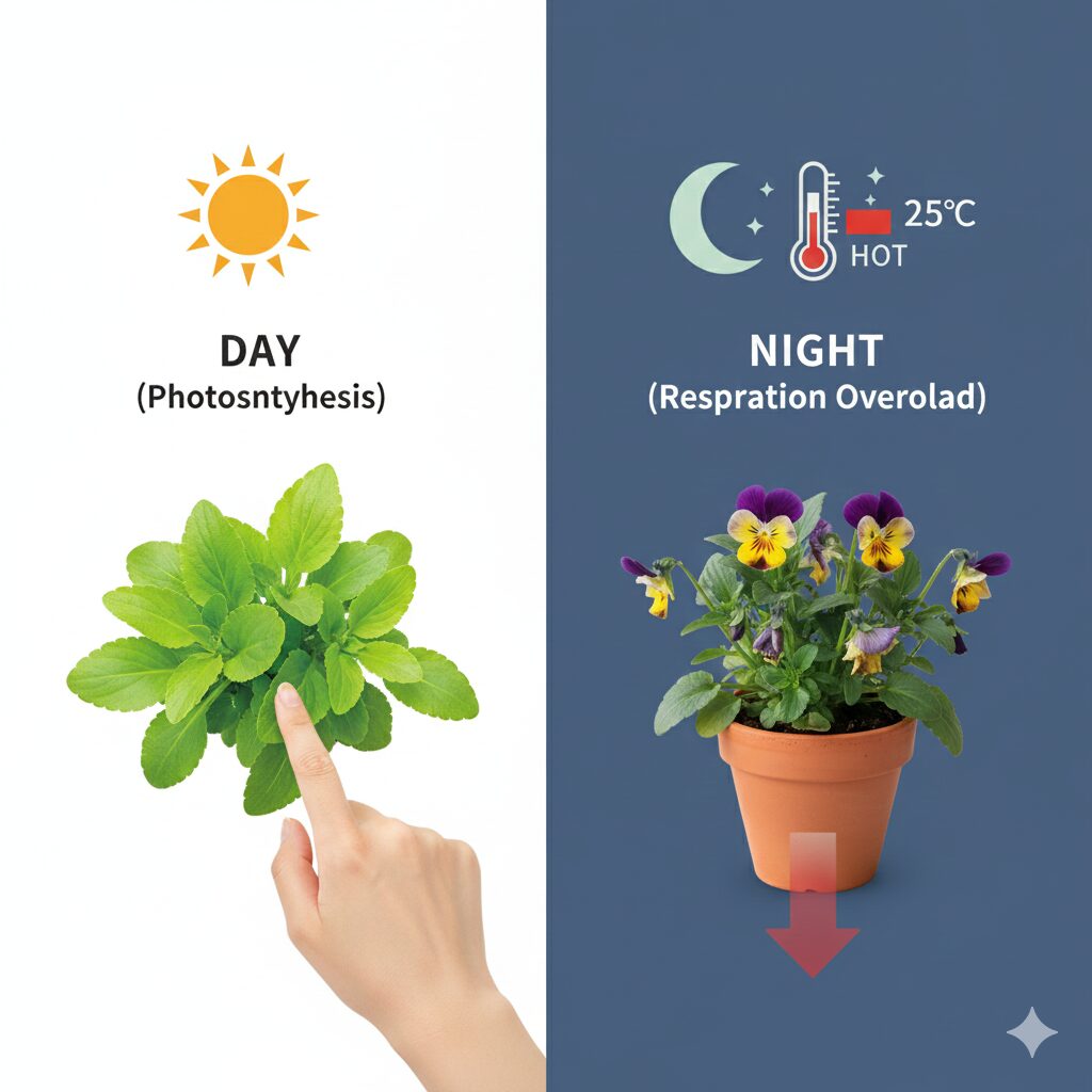 フィオリーナの夏越しにおける生理障害の図解。熱帯夜による呼吸過多とエネルギー消耗のメカニズム。