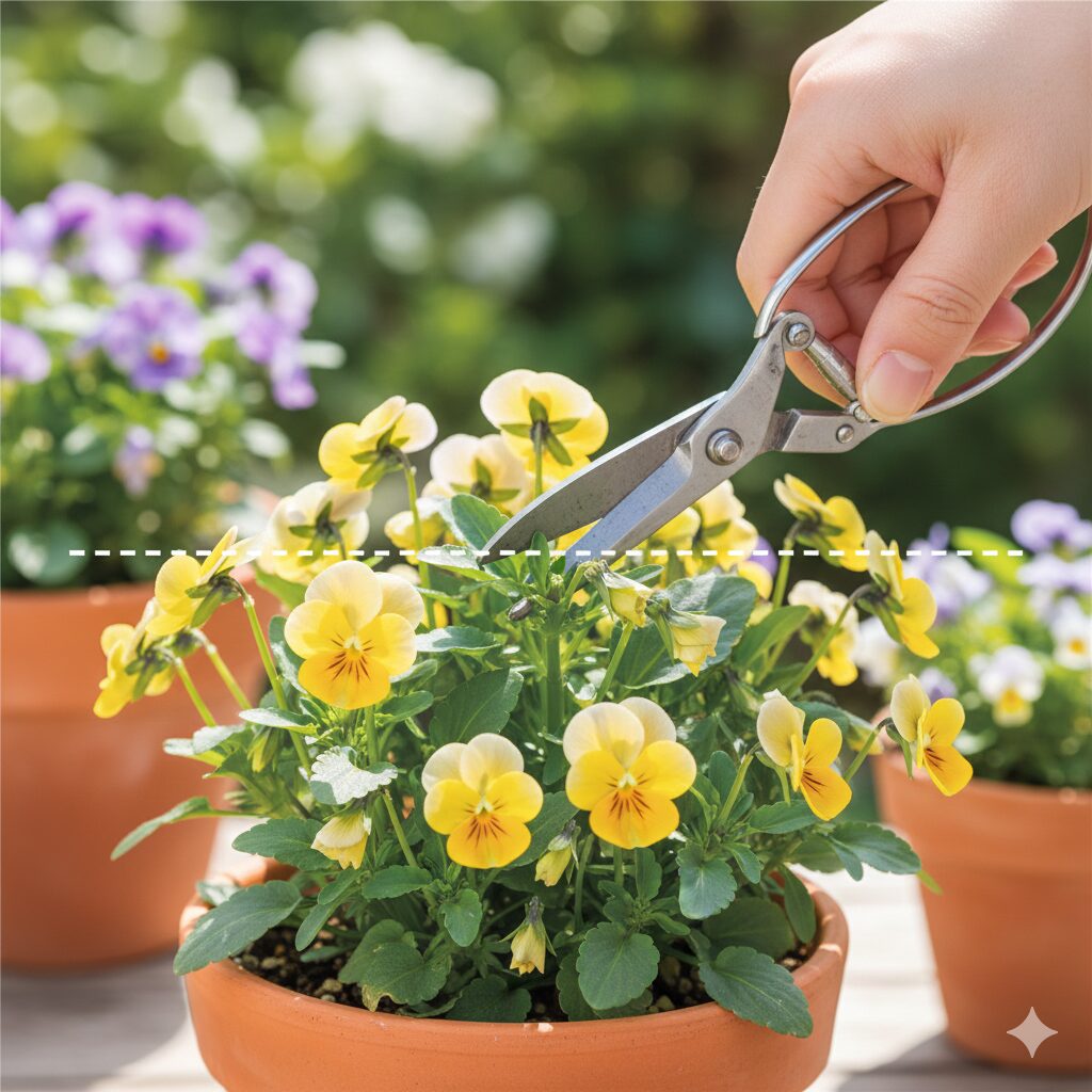 フィオリーナ 夏越し　フィオリーナの切り戻し方法の図解。節の上でカットする位置と、株全体の高さを半分にする強剪定の目安。