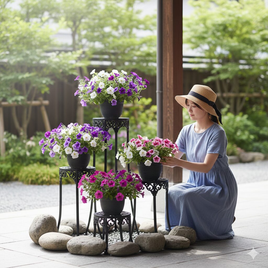 フィオリーナ 夏越し　夏越しに適したフィオリーナの置き場所。軒下の明るい日陰で、フラワースタンドを使用して地面からの熱を避けている様子。