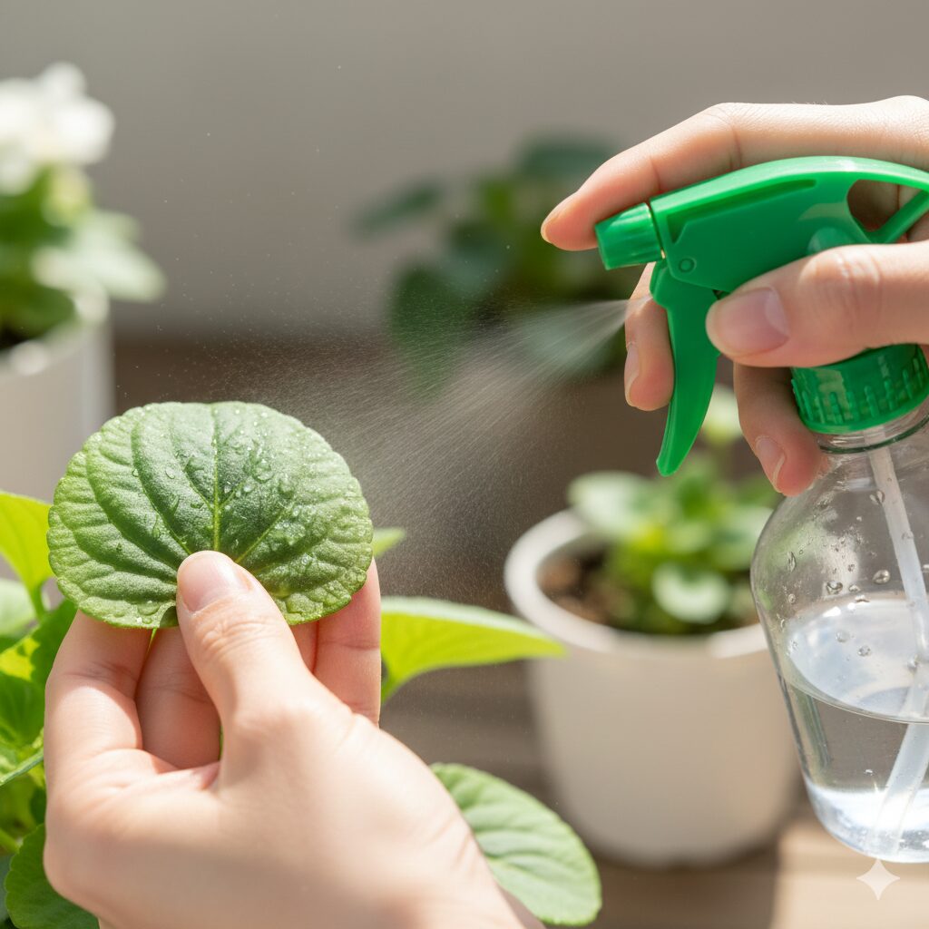 フィオリーナ 夏越し　ハダニ予防のためのシリンジ（葉水）。霧吹きを使ってフィオリーナの葉の裏側に水をかけている様子。