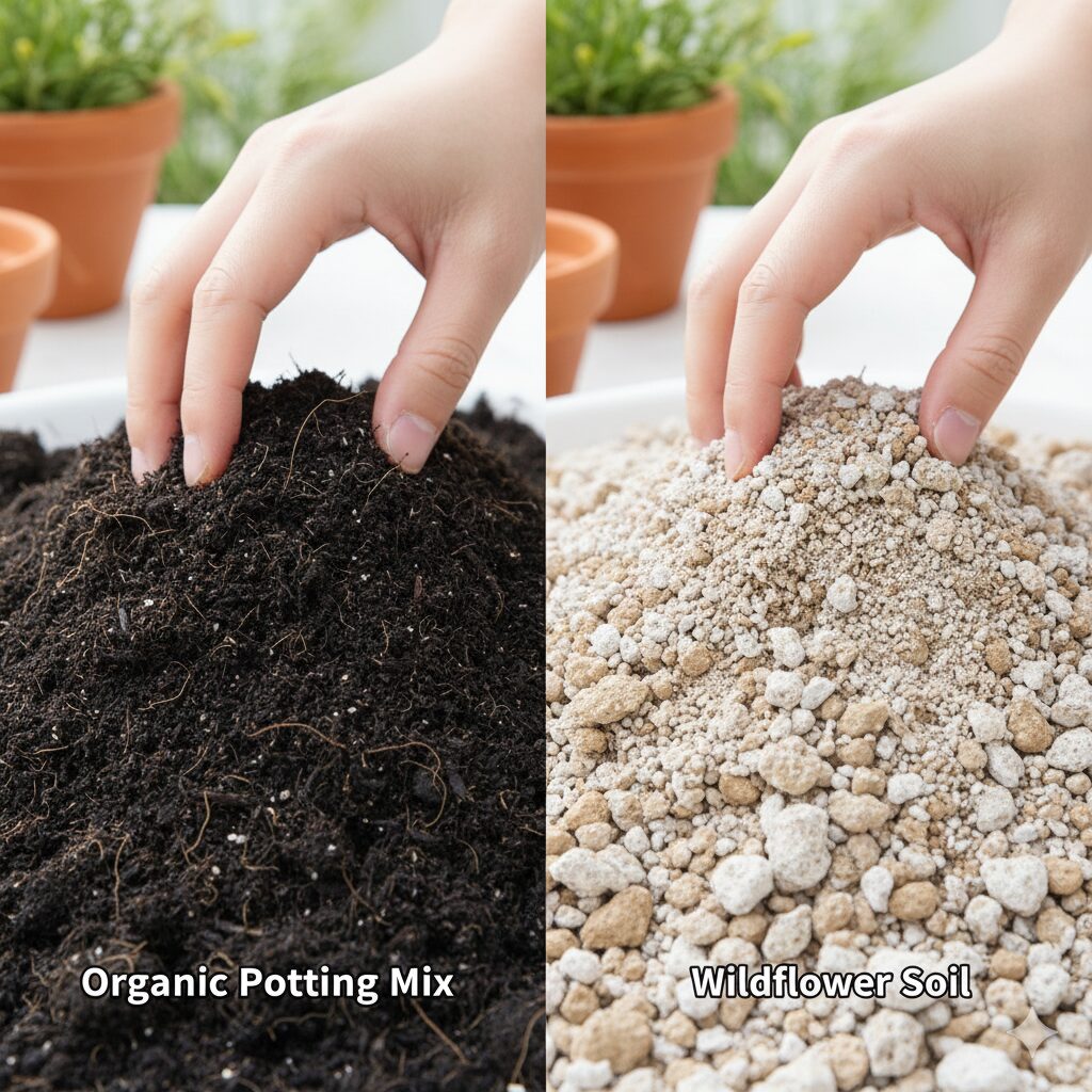 フィオリーナ 夏越し　保水性の高い草花用培養土と、排水性に優れた山野草の土（鹿沼土・軽石）の見た目と質感の比較。