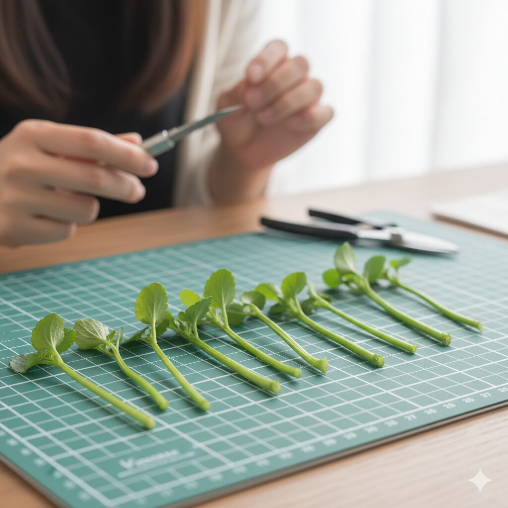 フィオリーナ 夏越し　挿し芽用に下葉と花蕾を取り除いて調整したフィオリーナの挿し穂（さしほ）。発根しやすい状態に処理された茎。