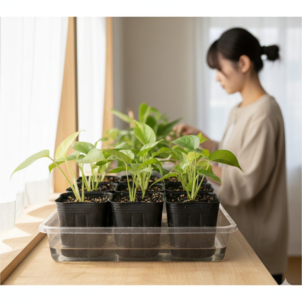 フィオリーナ 夏越し　挿し芽の発根管理に行う腰水（底面給水）。トレーに水を張り、ポットの底から水を吸わせて乾燥を防ぐ方法。