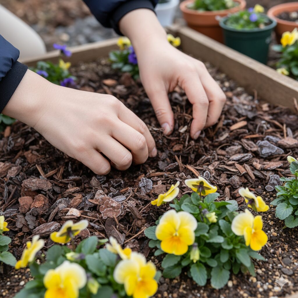 フィオリーナ 多年草 フィオリーナの株元に腐葉土でマルチングを行い霜柱と寒さ対策をする様子