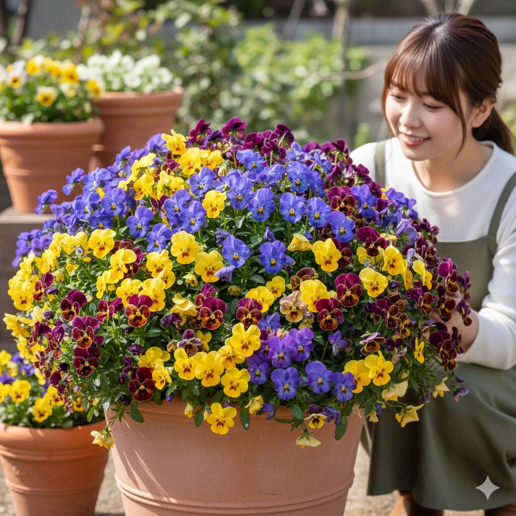 フィオリーナ 多年草 フィオリーナのブルーイエローとベルベットゴールドを組み合わせた美しい混色寄せ植え