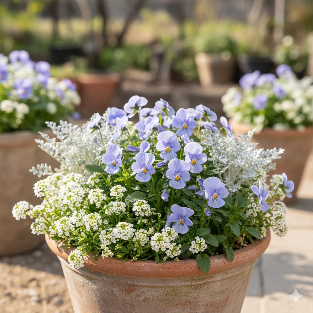 フィオリーナ 多年草 フィオリーナとスイートアリッサムやシルバーリーフを組み合わせたおしゃれな寄せ植え