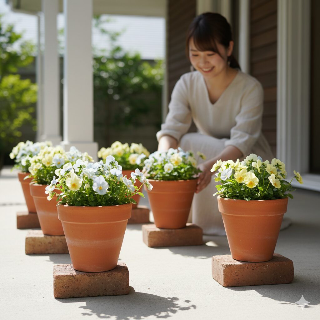 フィオリーナ 多年草 夏越しのために軒下の日陰に移動しレンガで鉢底の通気を確保したフィオリーナ